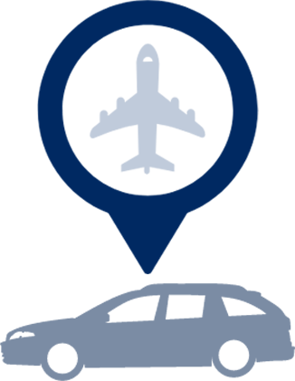 A blue and white map pin with an airplane on it